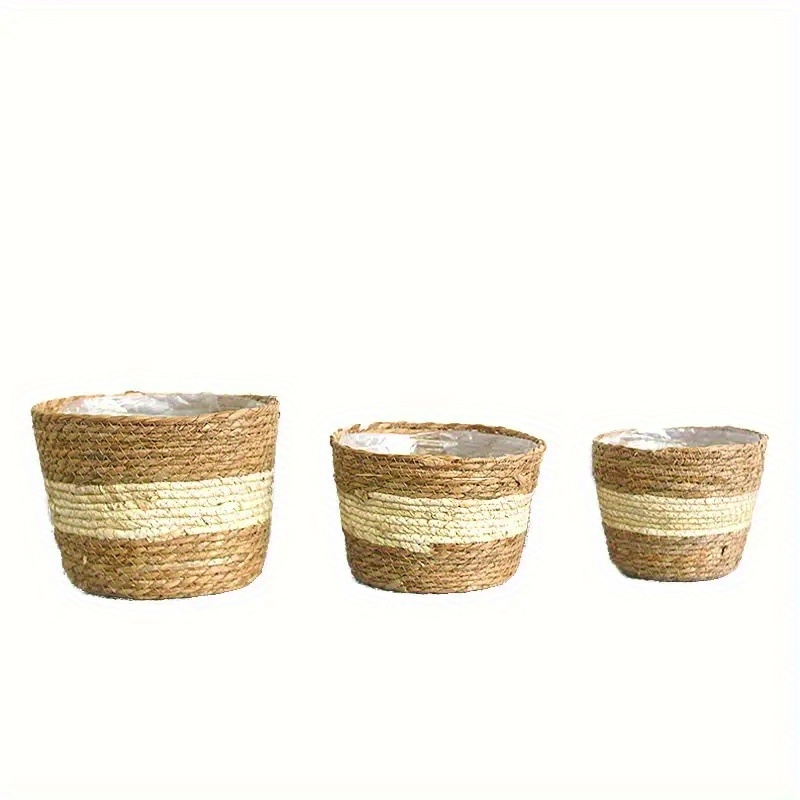 Set of 6 Seagrass Planter Basket Hand Woven Plant Flower Pots Cover with  Plastic Liners Seagrass Plant Pot Basket Rustic Farmhouse Plant Pot