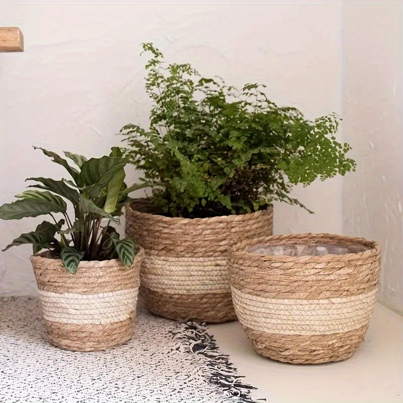 

3 Sets, Straw Woven Basket Rustic Farmhouse Flower Pot Cover Country Style Planter Basket With Liner For Indoor Outdoor Home Garden Balcony Decor