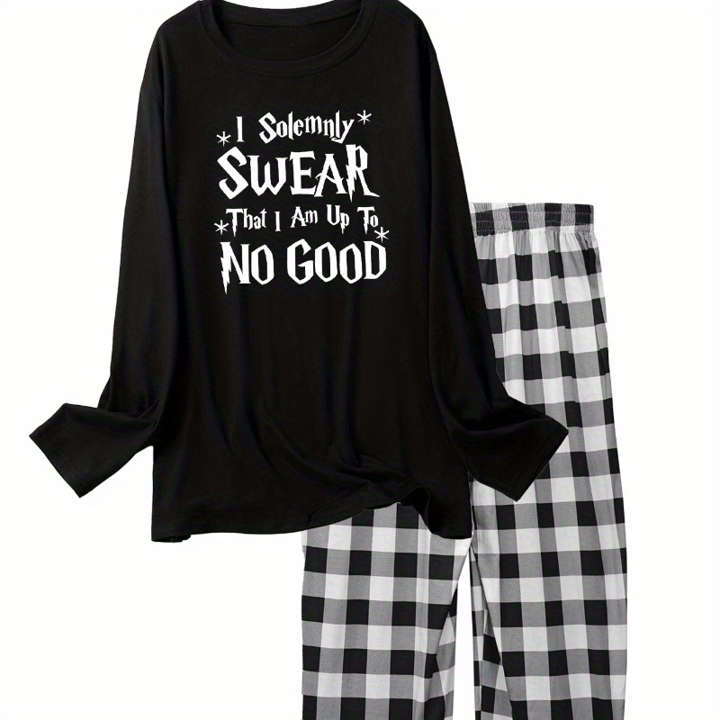 

Slogan Print Pajama Set, Long Sleeve Crew Neck Top & Plaid Print Pants, Women's Sleepwear & Loungewear