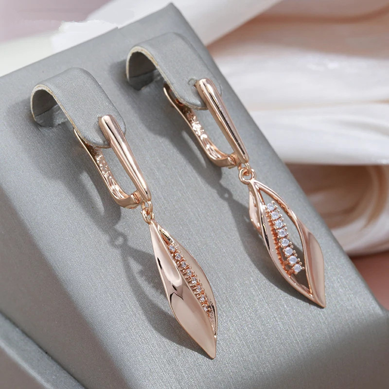 

1pair Golden Color Long Leaf Drop Earrings For Women Zircon Elegant Wedding Jewelry Trendy Dangle Earrings
