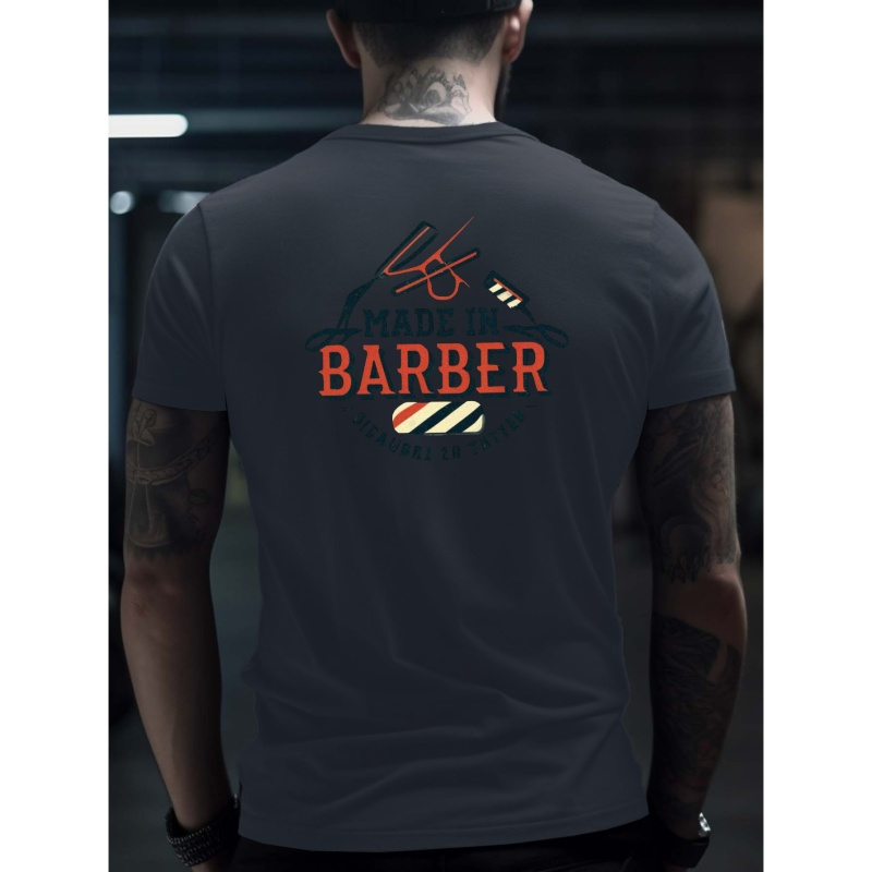 

Made In Barber Print, Men's Trendy Comfy T-shirt, Active Slightly Stretch Breathable Breathable Tee For Outdoor