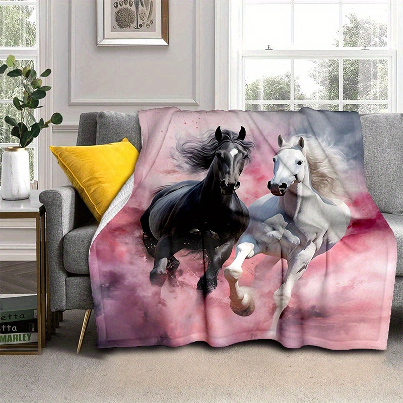 TEMU 1pc Cozy Black And White Horse Pink Print Blanket, Lightweight Flannel Throw For Sofa, Bed, Livingroom, Office, Chair, Couch, Travel, Camping,