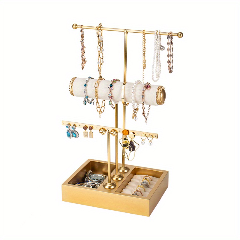 Jewelry Stand Organizer, 5-tier Wooden Jewelry Organizer With Bracelet  Holder Earring Holes Rings Tray, 10 Hooks Necklaces Hanging Storage Jewelry  Tow