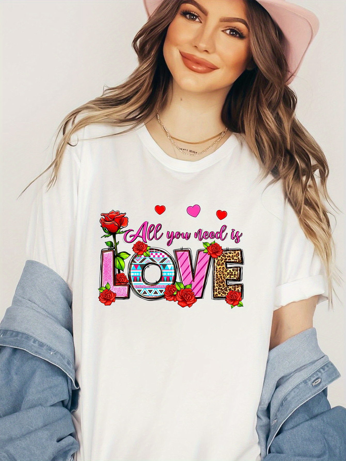 Plus Size Casual T shirt Women's Plus Floral Slogan Print - Temu