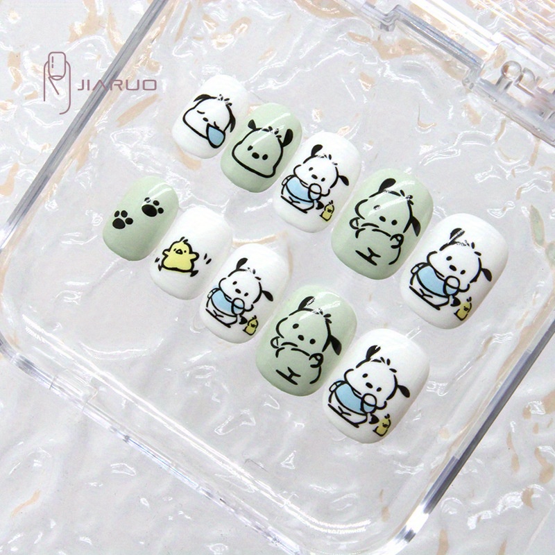 

24pcs Green And White Press On Nails, Cute Fake Nails With Cartoon Duck, Dog Design, Short Square Shape Kawaii False Nails For Women Girls