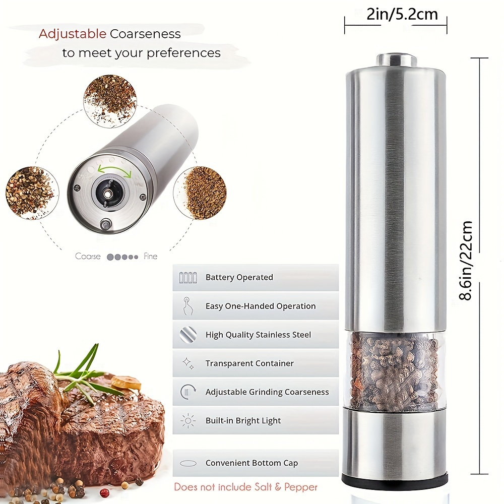 2pcs, Electric Salt And Pepper Grinder Set, Battery Operated Stainless  Steel Spice Mill With Light, Automatic Pepper Grinder, One Handed  Operation, Electronic Adjustable Pepper Grinder, Kitchen  Tools,Halloween/Christmas Gift