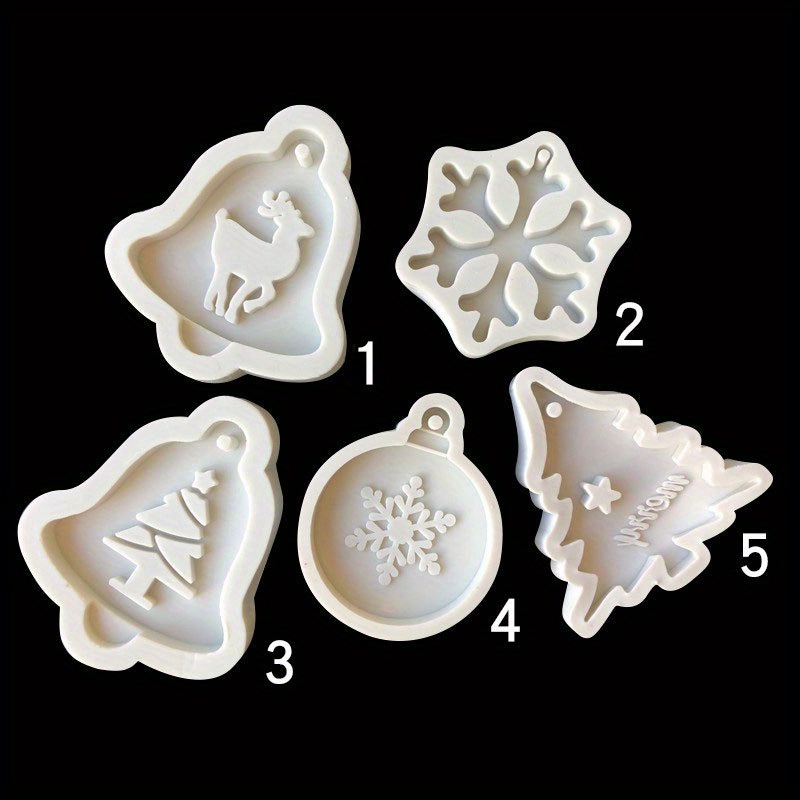 

1 Set Of 5 Pcs Christmas Silicone Mold, Christmas Tree Snowflake Elk Bell Shaped, Aromatherapy Plaster Diffuser Christmas Pendant Glue Mold, Baking Tools, Christmas Accessories, Diy Supplies