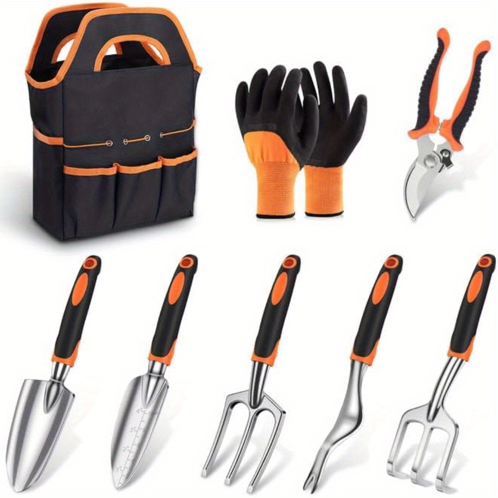set of 8 garden tool heavy duty and lightweight aluminium alloy tools with non slip ergonomic handle orange durable storage tote bag gardening hand tools for women and men