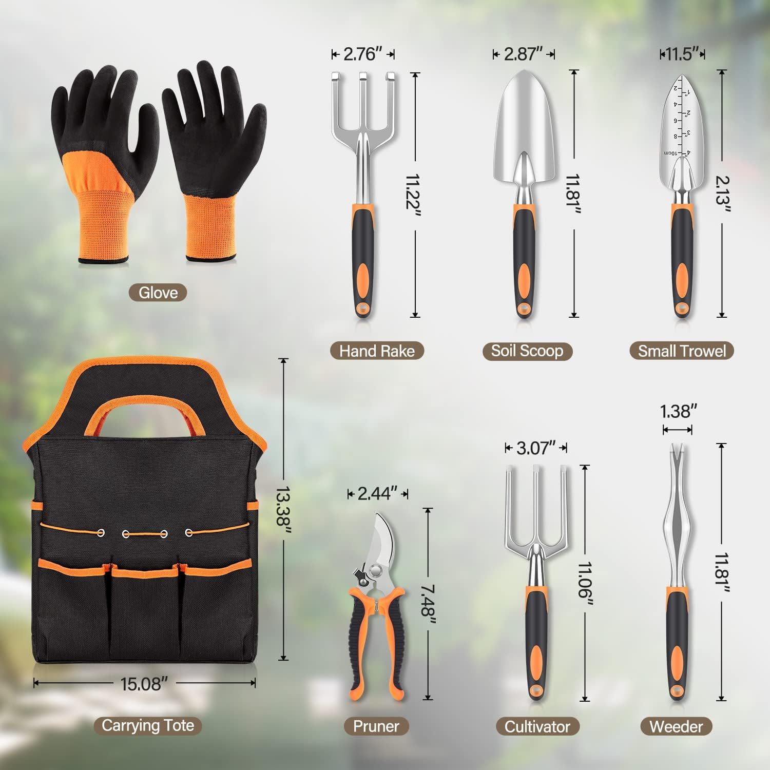set of 8 garden tool heavy duty and lightweight aluminium alloy tools with non slip ergonomic handle orange durable storage tote bag gardening hand tools for women and men