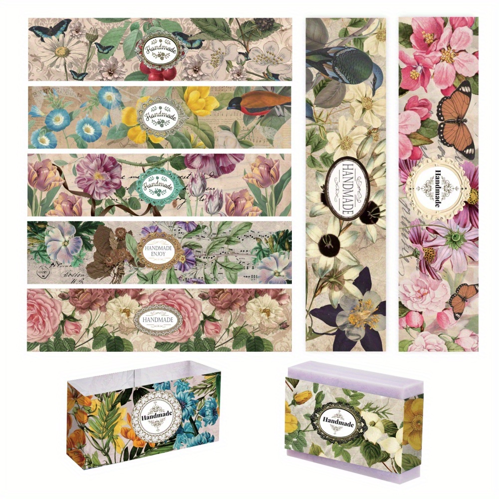 90pcs Soap Packaging Paper 9 Styles Floral Soap Labels Soap Wrapper Wrap Paper Tape Band Vertical Soap Paper Tag Soap Sleeves Covers for Homemade Soap