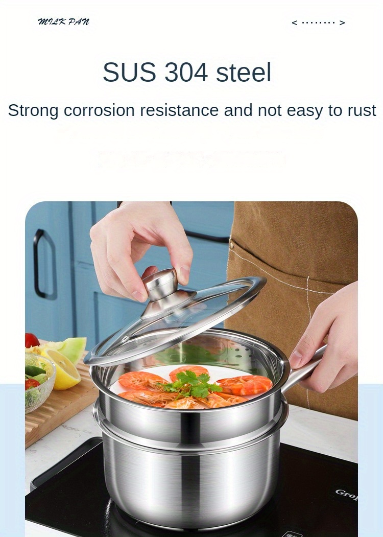 1pc stainless steel saucepan thickened milk pot food grade baby food supplement pot with 2 tier steamer drawer details 2