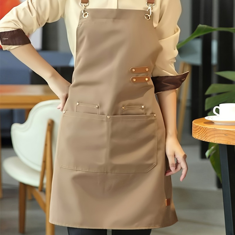 1pc, Khaki Apron, Unisex Adjustable Cooking Apron, Household Solid Color  Apron, Chef Waiter Barbecue Hairdresser Adult Pocket Apron, Kitchen Supplies