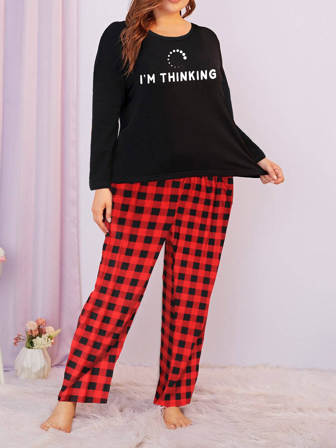 Women's Slogan Graphic Long Sleeve Tee & Plaid Pants Lounge Set