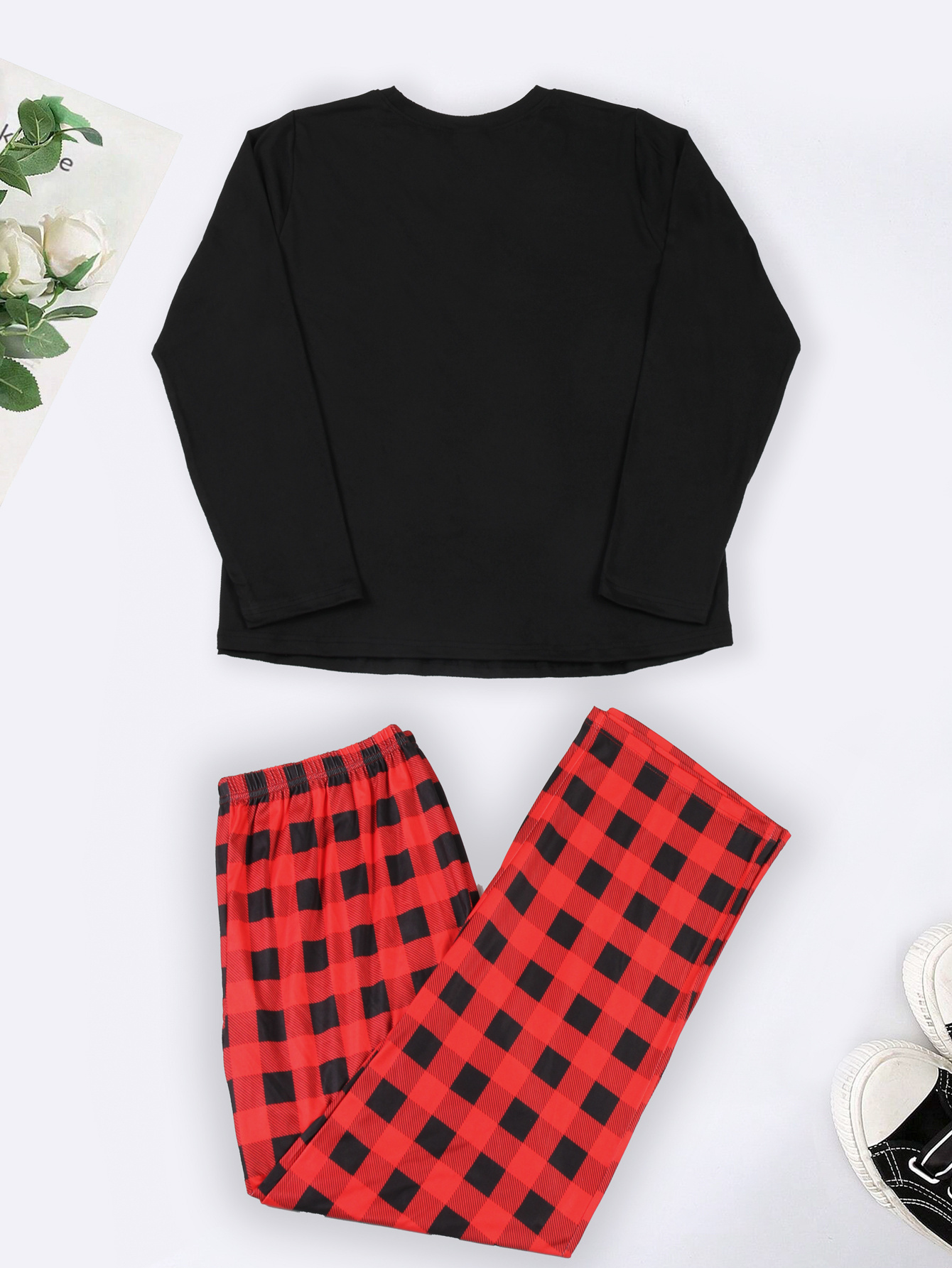 Casual Pajamas Set Women's Plus Letter Graphic Tee & Plaid