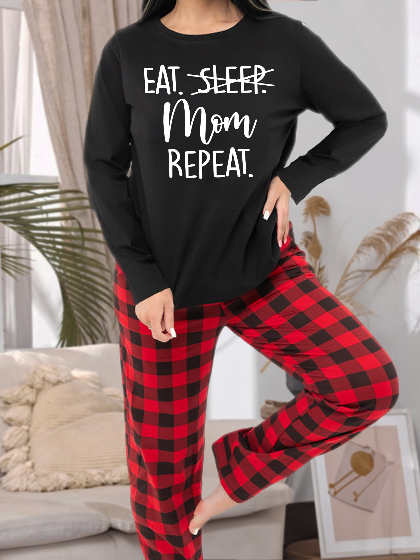 Casual Pajamas Set Women's Plus Letter Graphic Tee & Plaid