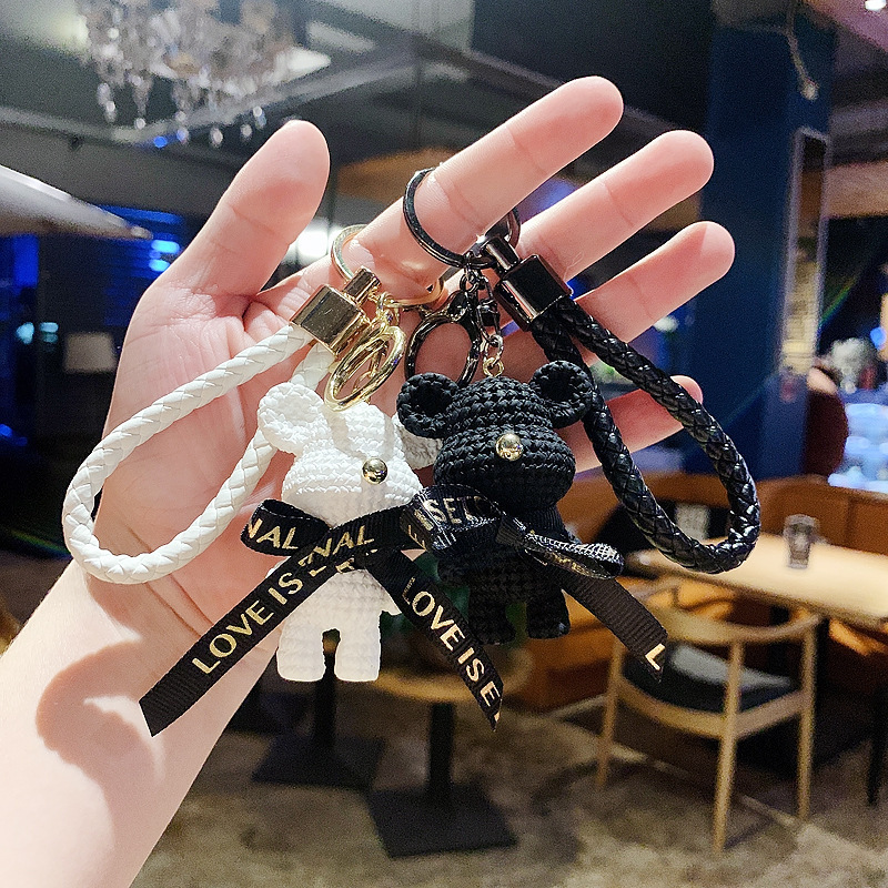 Cartoon Bear Key Chain Resin Small Bell Black Keychain Weaving