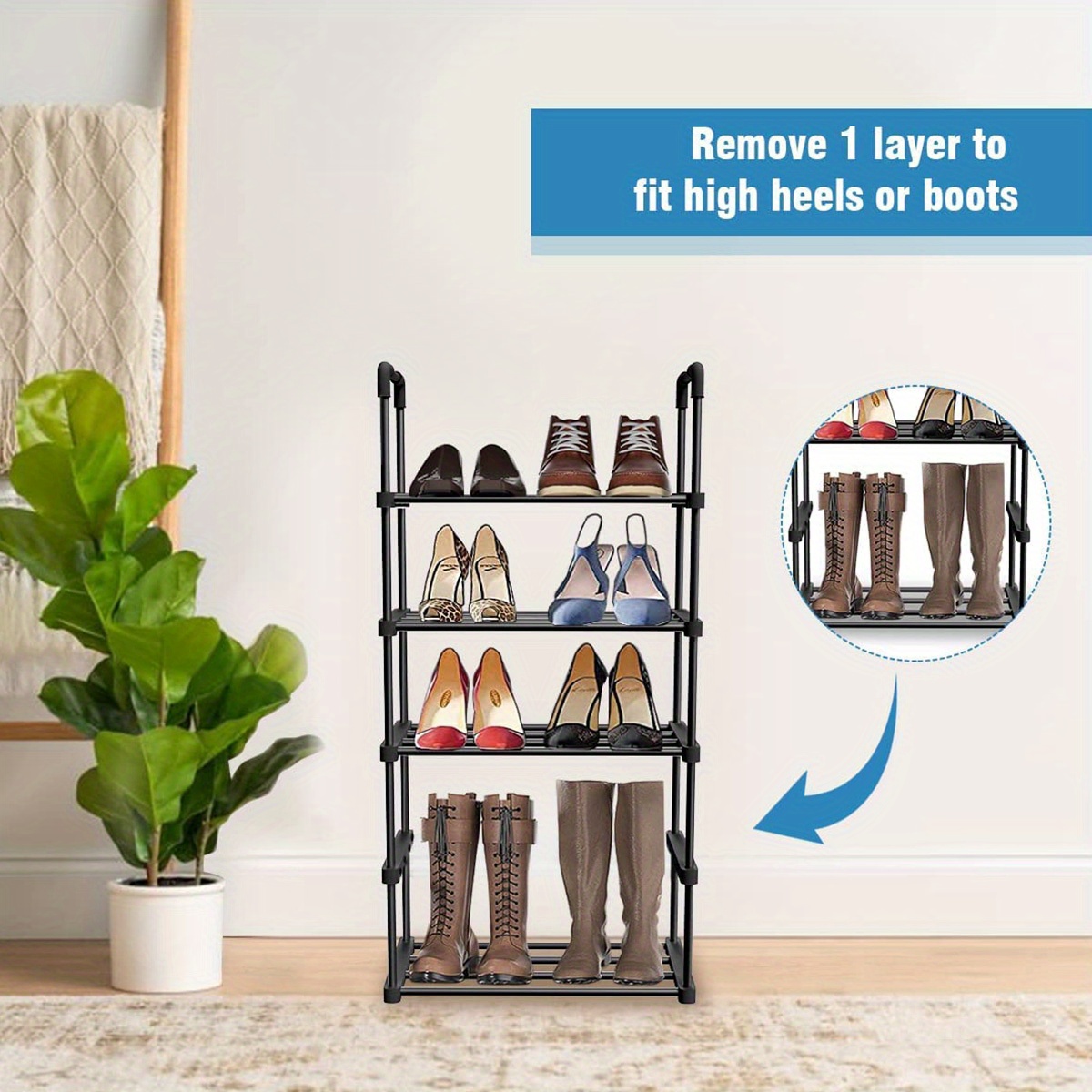 8 Tier Shoe Rack, Narrow Shoe Storage Organizer with 7 Metal Shelves,  Saving Space, Stable and