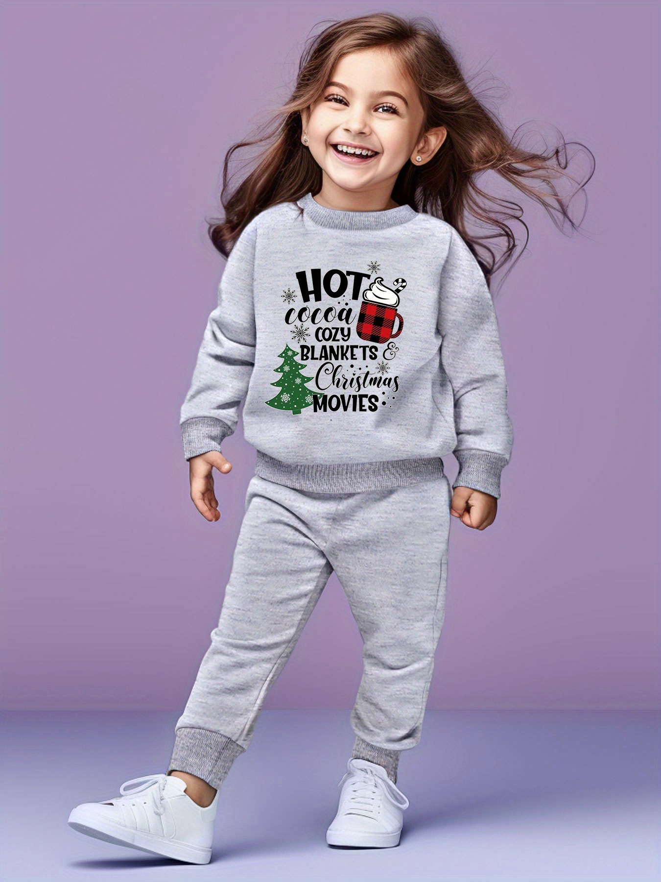 Girls Solid Outfits Crew Neck Top + Jogger Pants Set Comfy - Temu