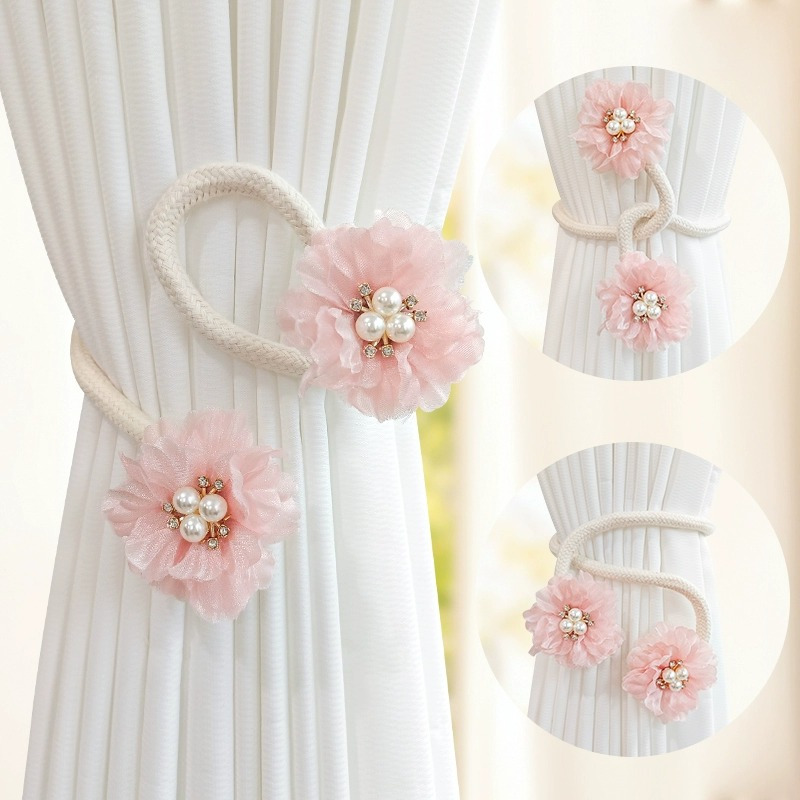 

2pcs French Curtain Strap Bendable Faux Pearl Flower Yarn Curtain Buckle Curtain Tieback Curtain Holdback For Living Room Home Decor