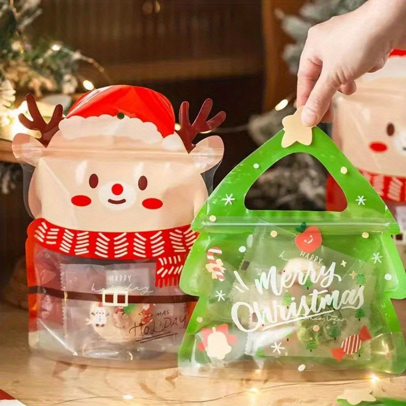 StoBag 10pcs Marry Christmas Ziplock Bags Candy Snack Packaging Tote Handle  Cute Small Kids Cartoon Plastic Sealed Food Storage
