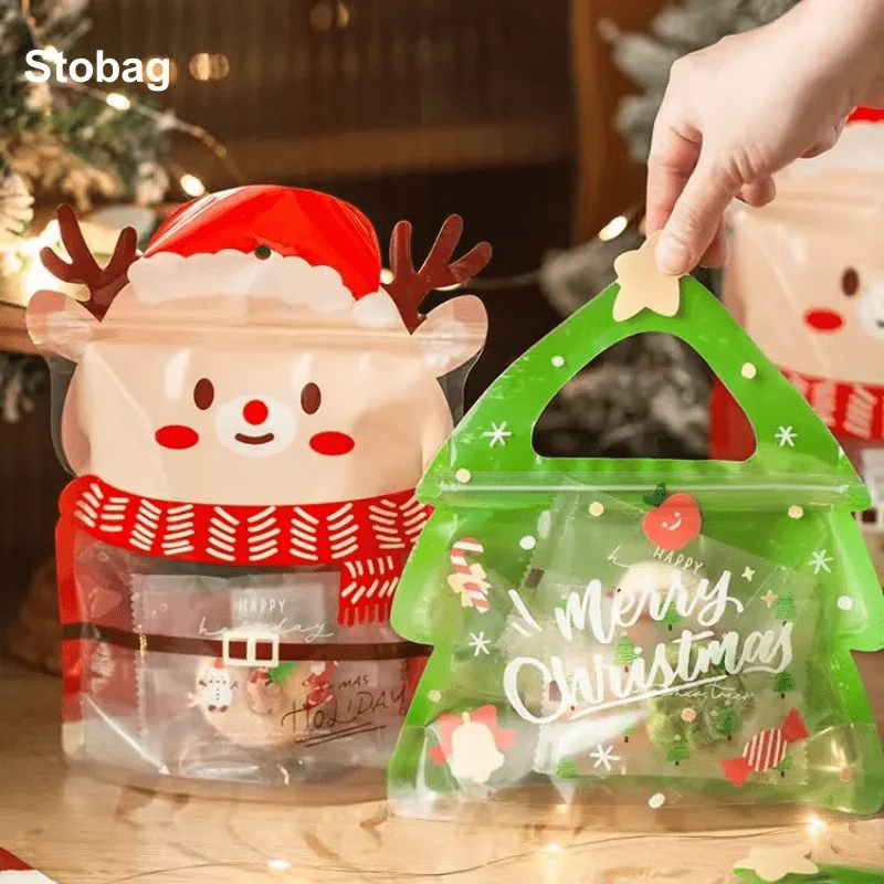 StoBag 50/100pcs New Christmas Candy Snack Ziplock Bags Packaging Cute  Small Kids Cartoon Plastic Sealed Food Storage Pouches