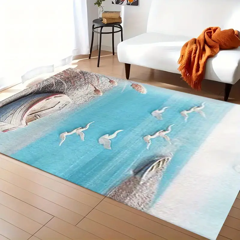 Modern Simple Oil Painting Beach Seagull Boat Carpet, Non-slip
