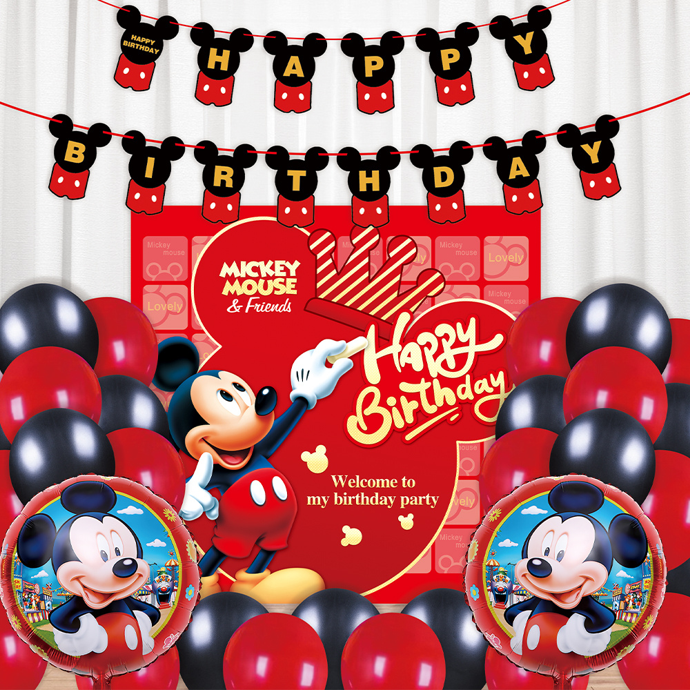 Fournitures de fête d'anniversaire Mickey Mouse pour décorations  d'anniversaire sur le thème de la souris, ballons rouges, noirs, jaunes,  bannière «