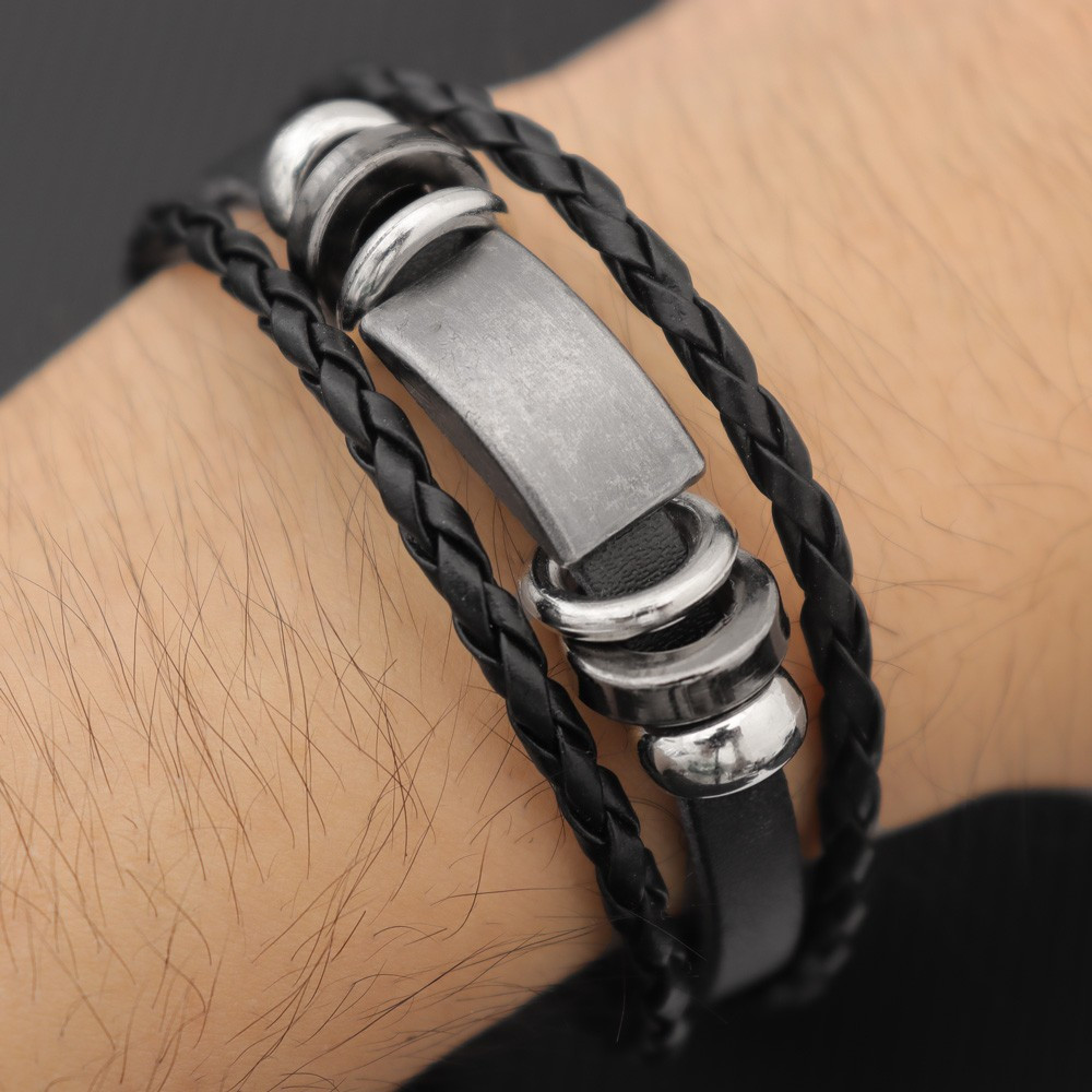 Men's Double-layer Braided Leather Bracelet With Adjustable