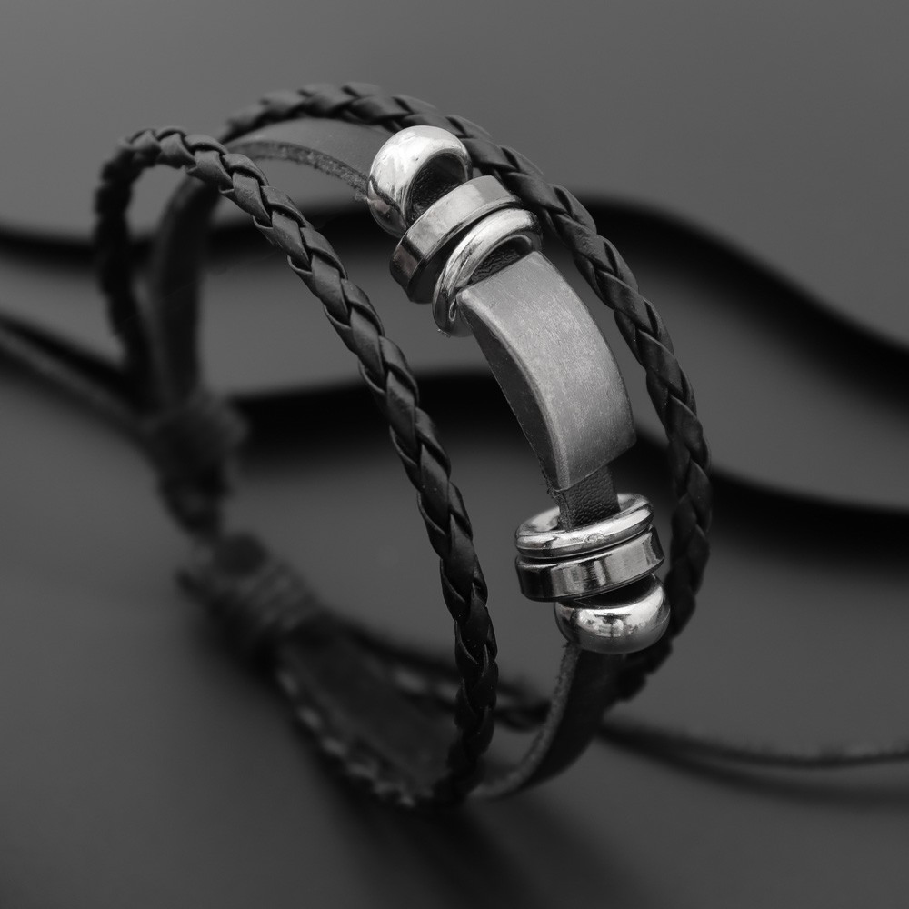 Mens Double Layer Braided Leather Bracelet With Adjustable