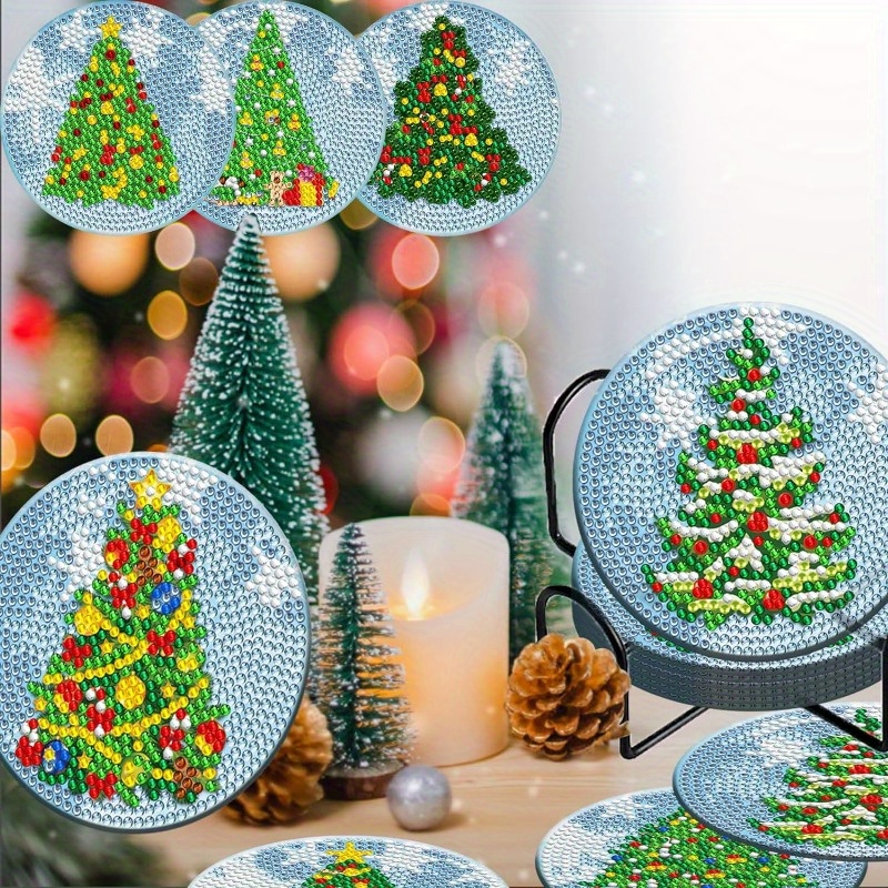 Christmas Tree Diamond Painting Coasters Kits With Holder, Diy