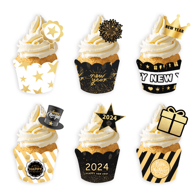 Lot de 24 décorations de gâteau du Nouvel An 2024 - Noir et doré -  Décoration de gâteau du Nouvel An - Accessoires pour table - Décoration de  gâteau