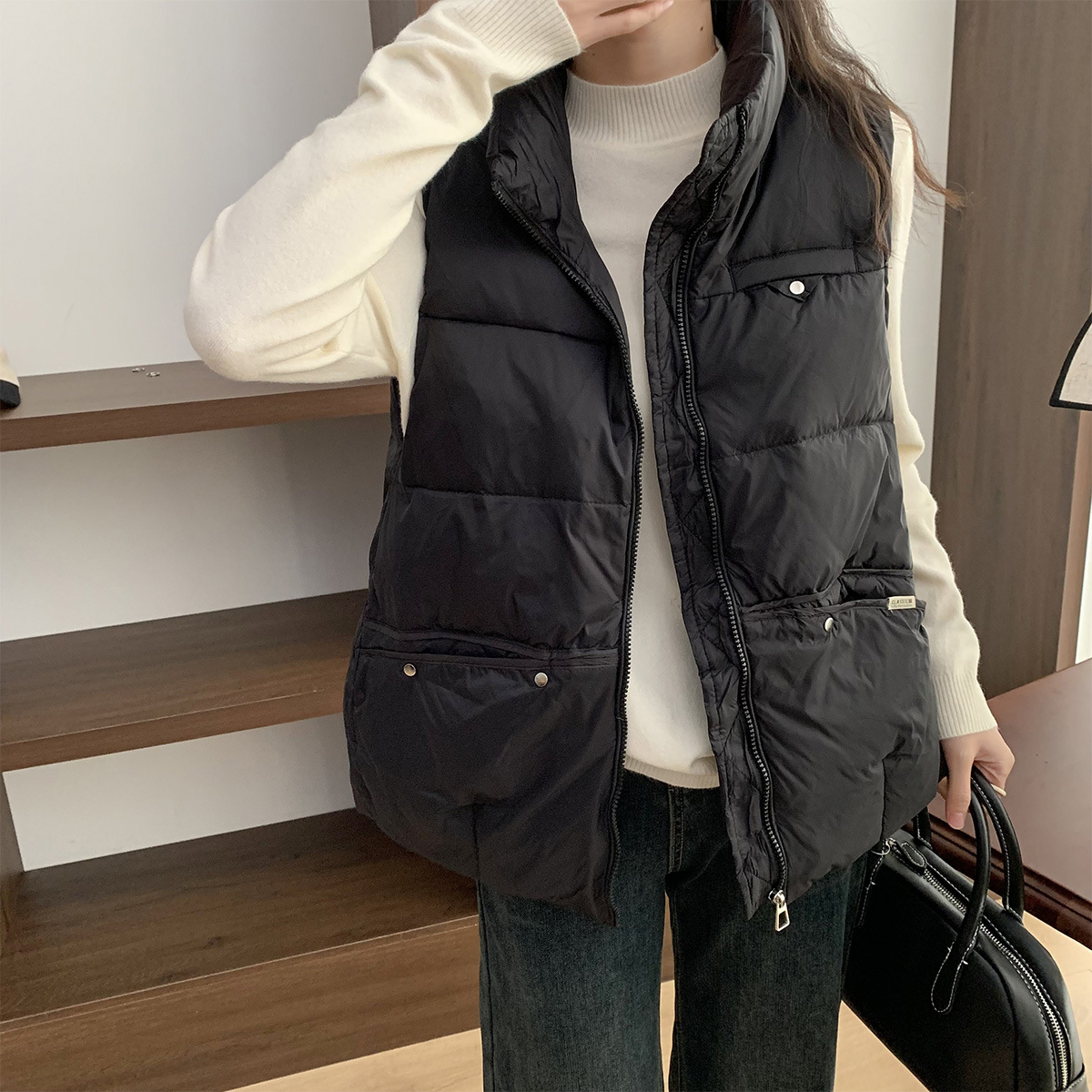 All Match Lightweight Solid Color Sleeveless Puffer Jacket Stand