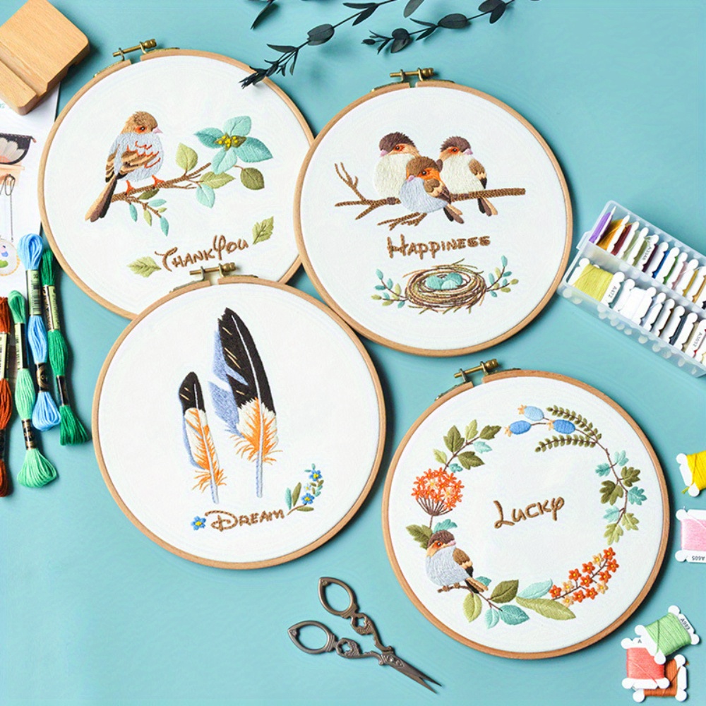 Embroidery Starters Kit with Pattern for Beginners, 4 Pack Cross Stitch Kits,  2 Wooden Embroidery Hoops,Scissors,Needles and Color Threads,Needlepoint Kit  for Adults