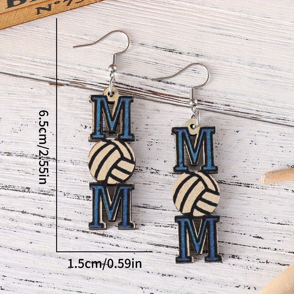 Mom Basketball / Soccer / Volleyball Design Dangle Earrings Simple Sporty Style Wooden Jewelry, Jewels Creative Sports Game Day Earrings, 0.99