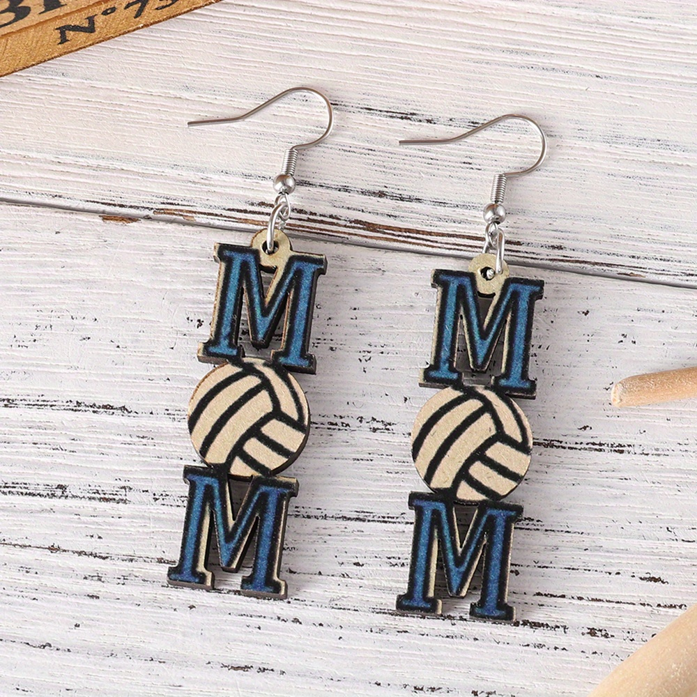Mom Basketball / Soccer / Volleyball Design Dangle Earrings Simple Sporty Style Wooden Jewelry, Jewels Creative Sports Game Day Earrings, 0.99