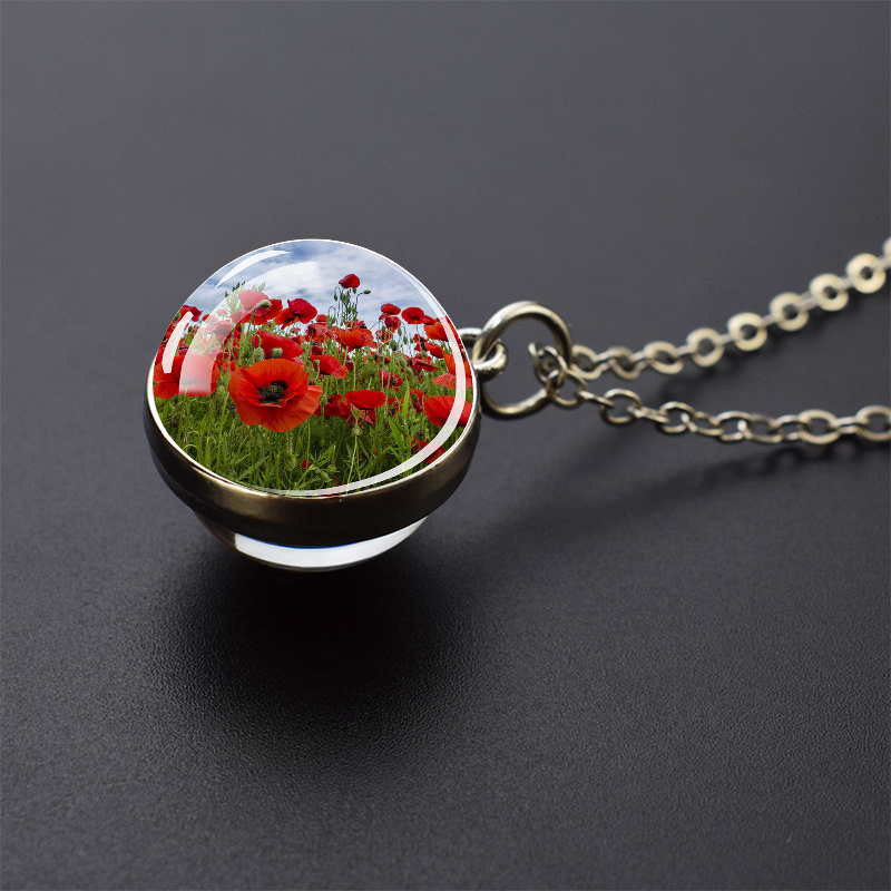 1pc Poppy Flower Glass Ball Pendant Metal Alloy Necklace Fashionable Men's And Women's Jewelry Gift