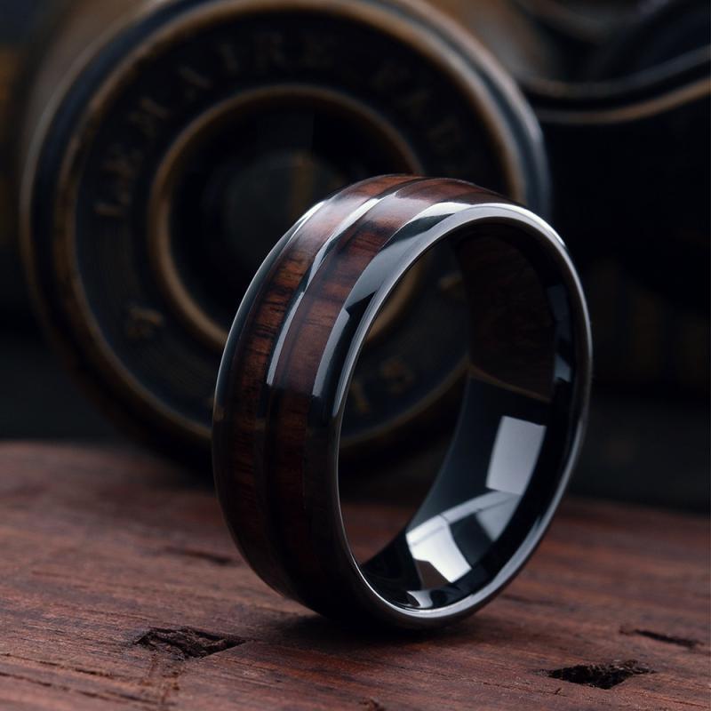 Classic Men's Wood Grain Inlaid Stainless Steel Ring Men's - Temu