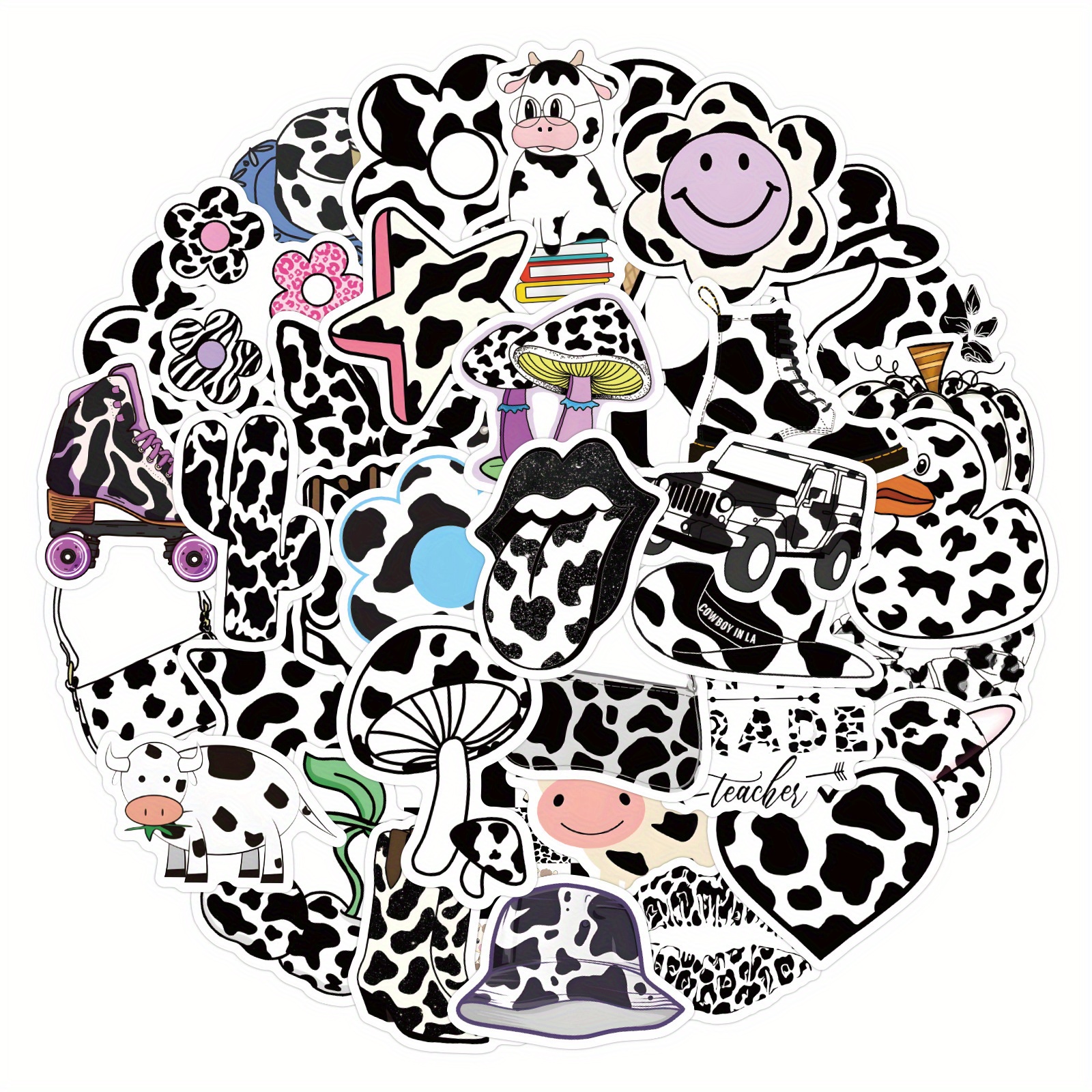 Cow Print Cute Funny Love Doodle Waterproof Stickers For Suitcase