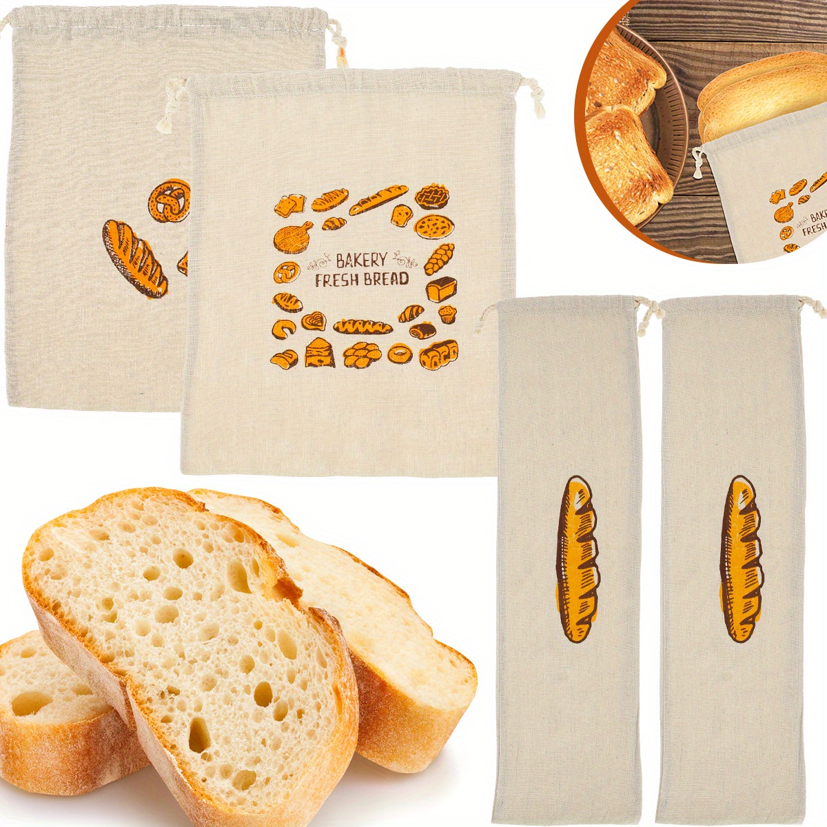 Linen Bread Bags - Breathable Food Drawstring Storage Bag To Keep