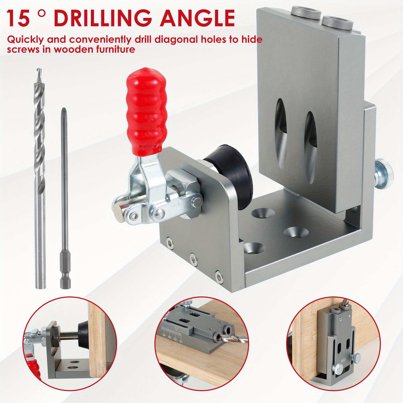 Pocket Hole Jig Kit, 15 Angled Woodworking Holes Locator, Drill