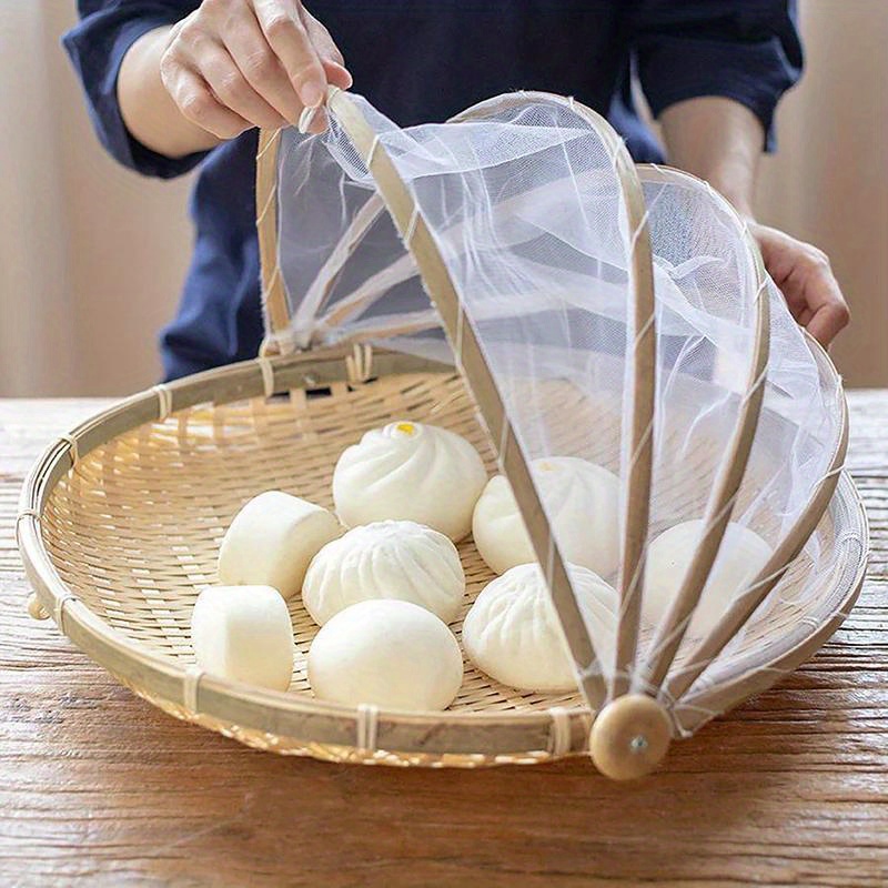 

1pc Hand Woven Food Serving Tent Basket Tray Fruit Outdoor Cover Insect Bamboo Weave Net Basket Storage Picnic Dustpan Tool