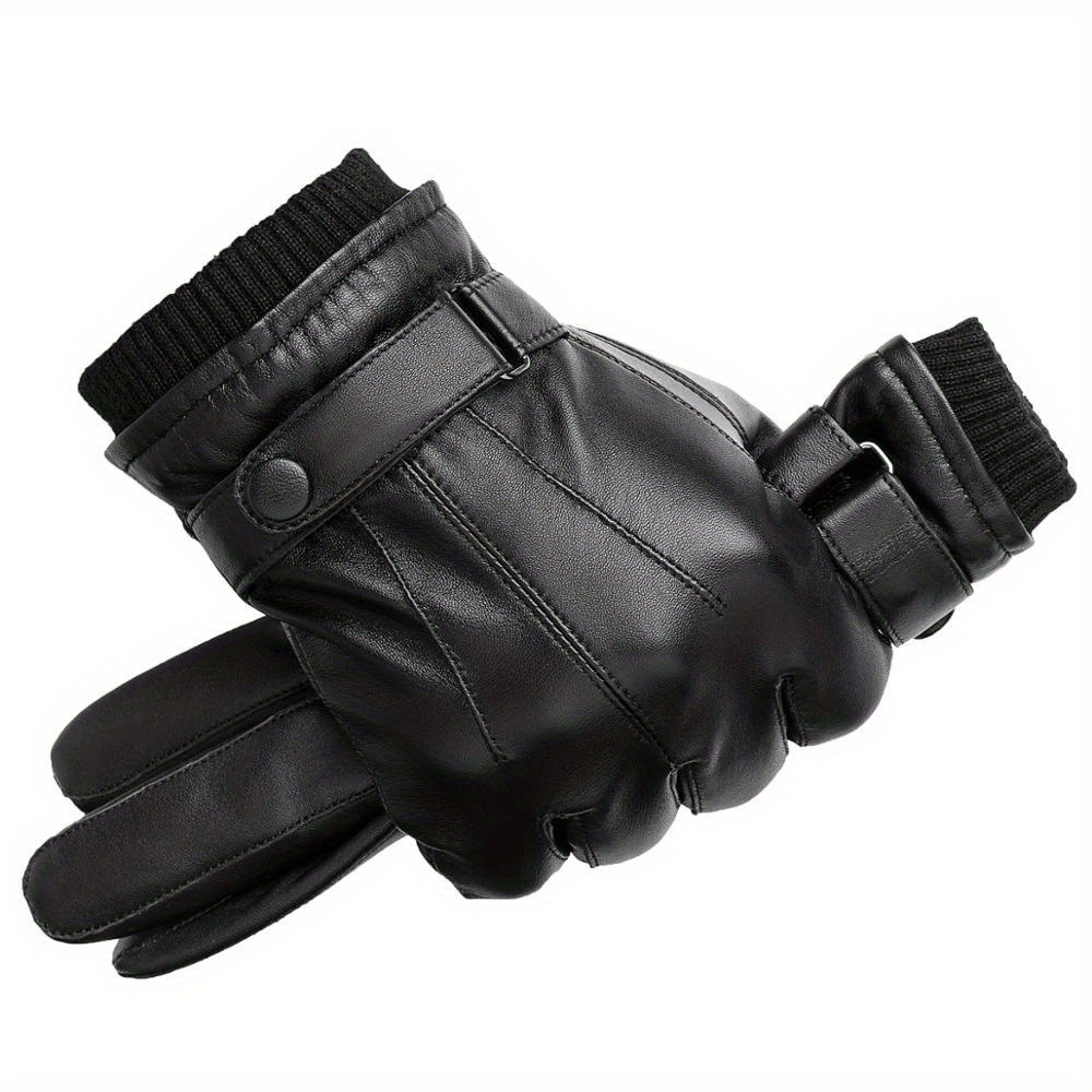 Stylish Black PU Leather Gloves Short Tighten Cuff Velvet Lined Warm Gloves  Winter Coldproof Waterproof Touchscreen Gloves