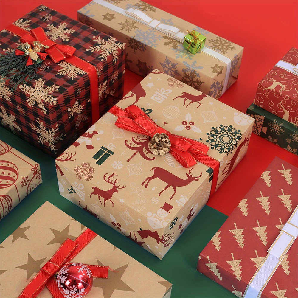 10pcs, Christmas Wrapping Paper 12 Sheets Of Folded Brown Kraft Paper With  Red And Green, Greetings, Snowflakes, Reindeer, Christmas Tree Elements Ser