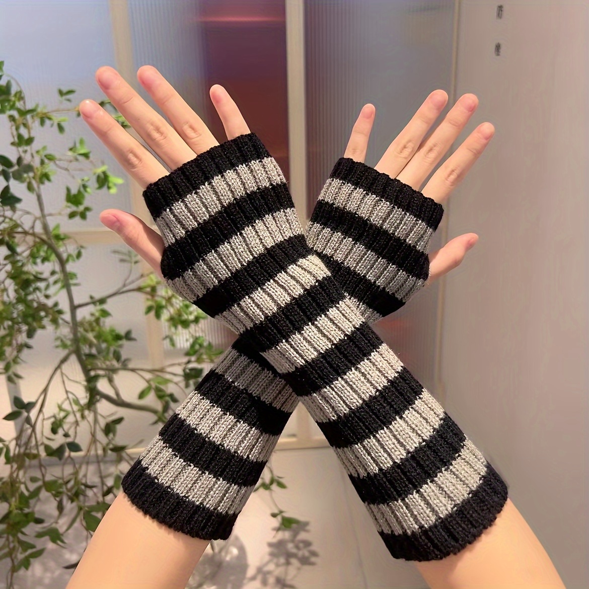 Guantes largos de punto sin dedos para mujer, 2 pares