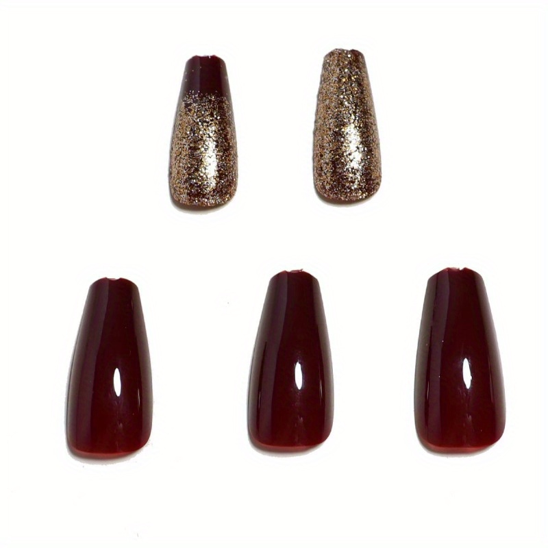 Christmas Red Fake Nails Golden Glitter With Design Press On - Temu