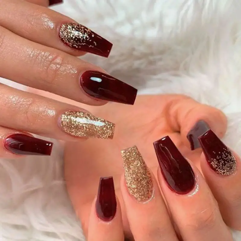 Christmas Red Fake Nails Golden Glitter With Design Press On - Temu