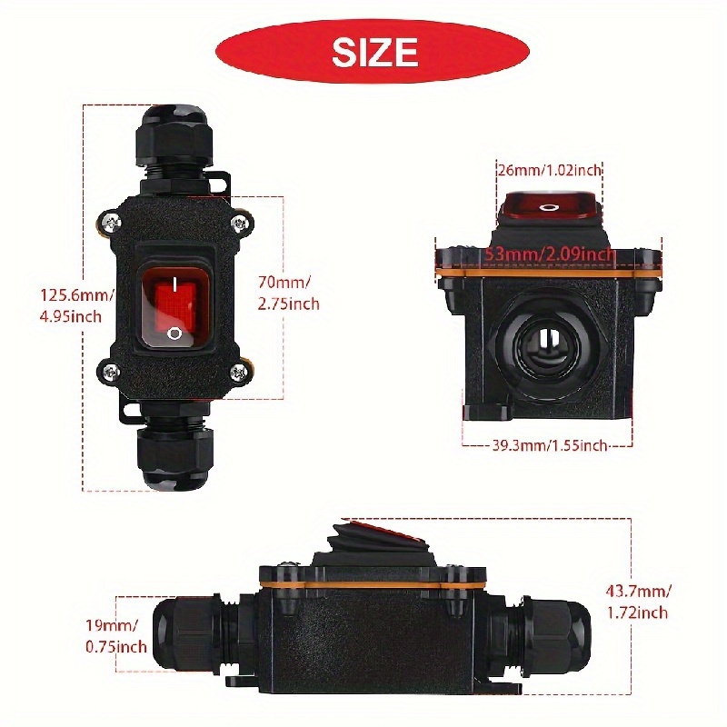 Interrupteur noir lumineux rouge 12V lentille rectangulaire