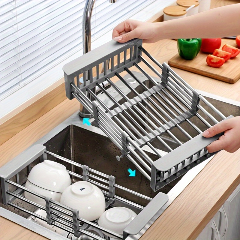 SAYZH Dish Drying Rack, Kitchen Counter Dish Drainer Rack Auto-Drain, Expandable (14.8 to 22.2 inch) Rustproof Aluminium Large Sink Dish Strainer with