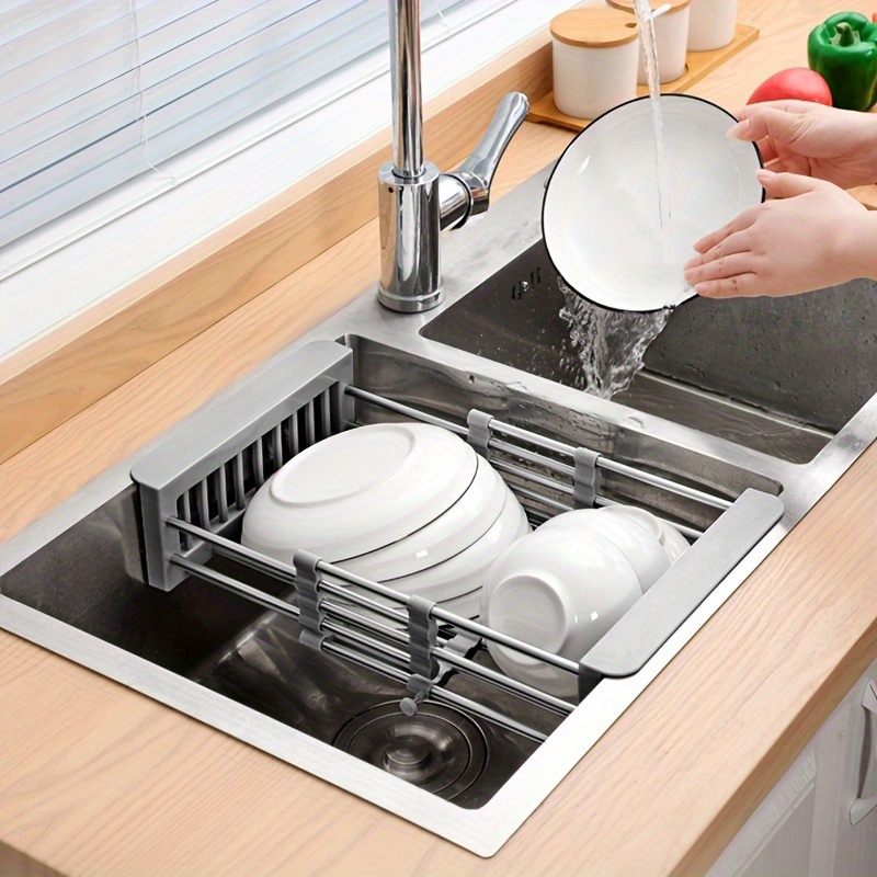 1pc Stainless Steel Kitchen Sink Drain Rack, Expandable Dish