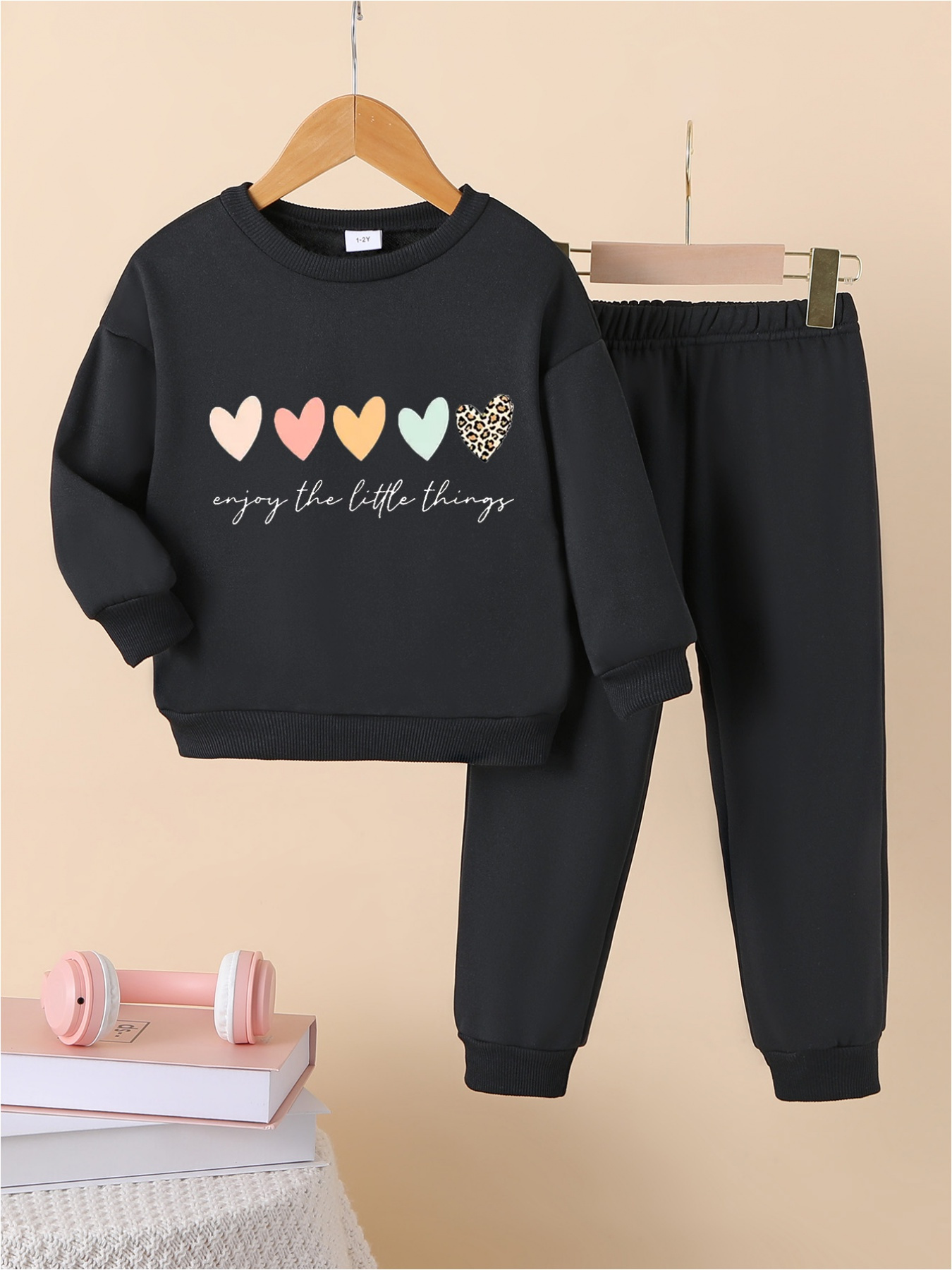 2pcs Girl's Heart Jacquard Outfit, Hoodie & Sweatpants Set, Casual Hooded  Long Sleeve Top, Kid's Clothes For Spring Fall